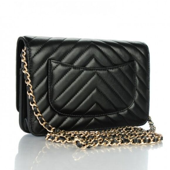 CHANEL Lambskin Chevron Wallet On Chain WOC Black w/ Dust Bag - Picture 1 of 11